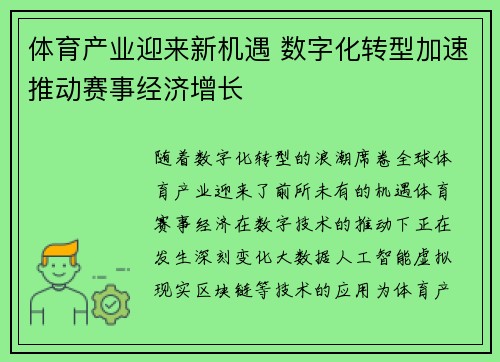 体育产业迎来新机遇 数字化转型加速推动赛事经济增长